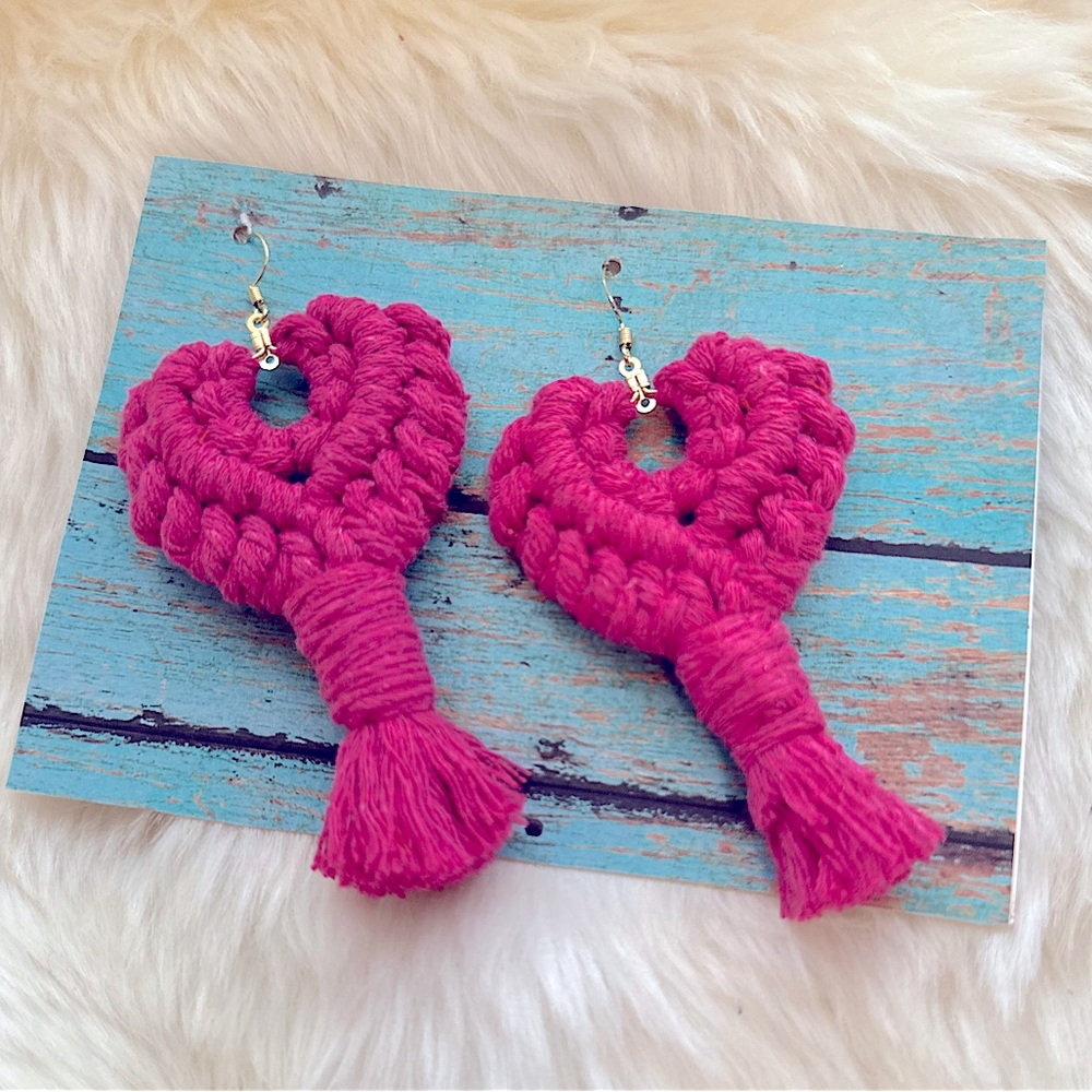 Ladies Sweet Custom HandMade: Hot Pink Woven Heart Shaped Dangle Earrings 925s